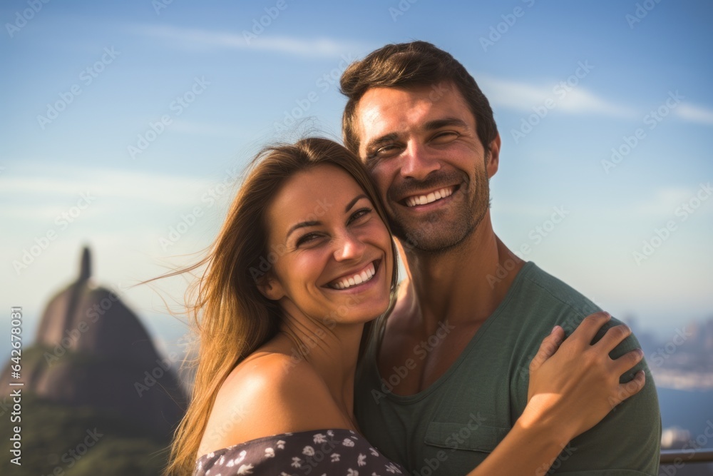 Couple in their 30s smiling at the Christ the Redeemer in Rio de Janeiro Brazil Couple in their 30s smiling at the Christ the Redeemer in Rio de Janeiro Brazil