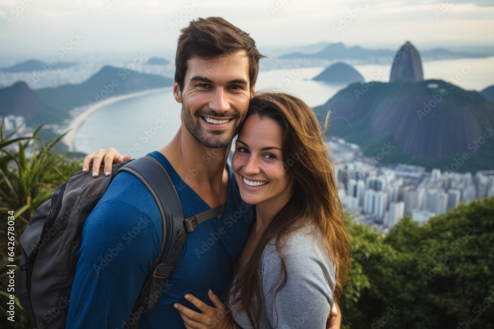 Couple in their 30s smiling at the Christ the Redeemer in Rio de Janeiro Brazil