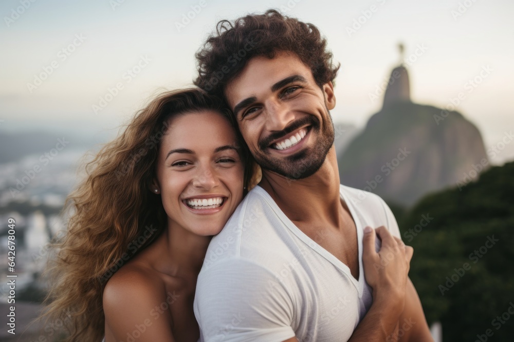 Couple in their 30s smiling at the Christ the Redeemer in Rio de Janeiro Brazil Couple in their 30s smiling at the Christ the Redeemer in Rio de Janeiro Brazil
