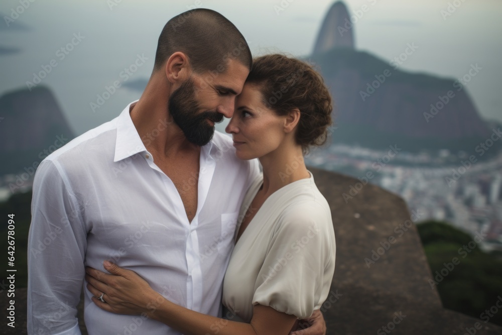 Couple in their 40s at the Christ the Redeemer in Rio de Janeiro Brazil