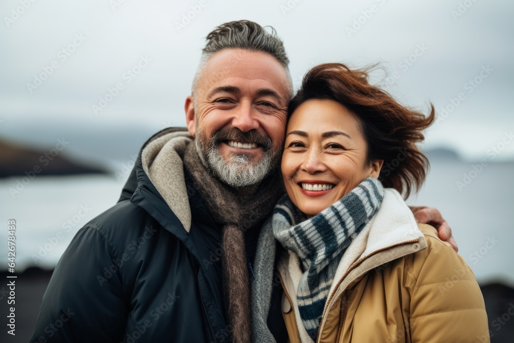 Couple in their 40s smiling at the Mount Fuji in Honshu Island Japan Couple in their 40s smiling at the Mount Fuji in Honshu Island Japan