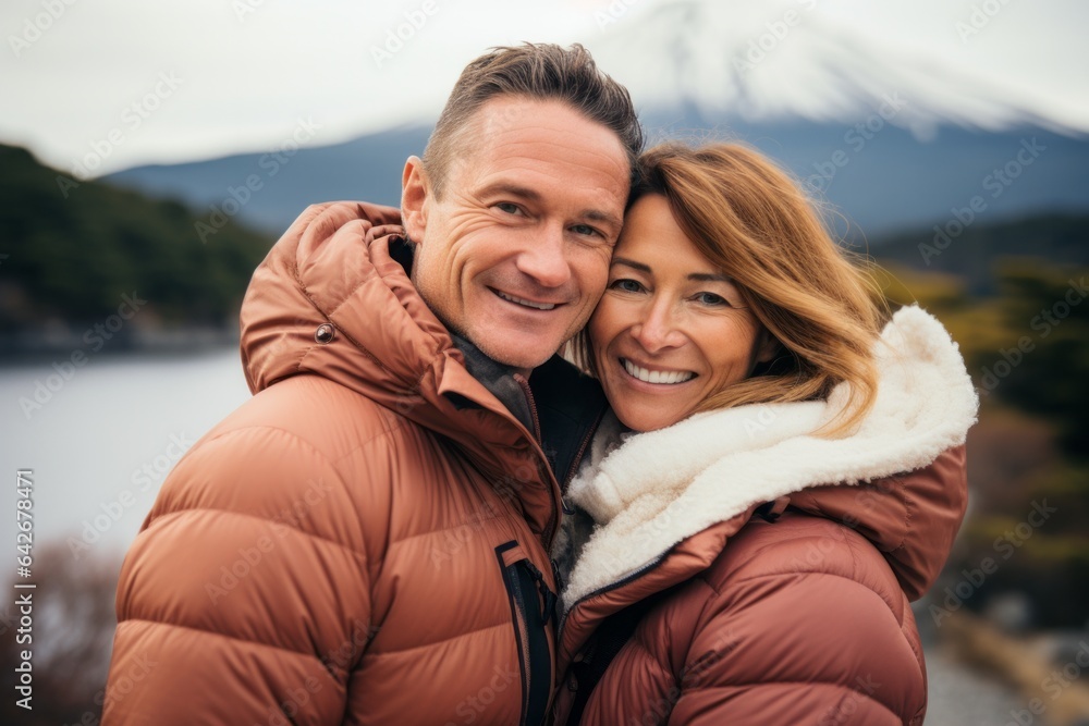 Couple in their 40s smiling at the Mount Fuji in Honshu Island Japan