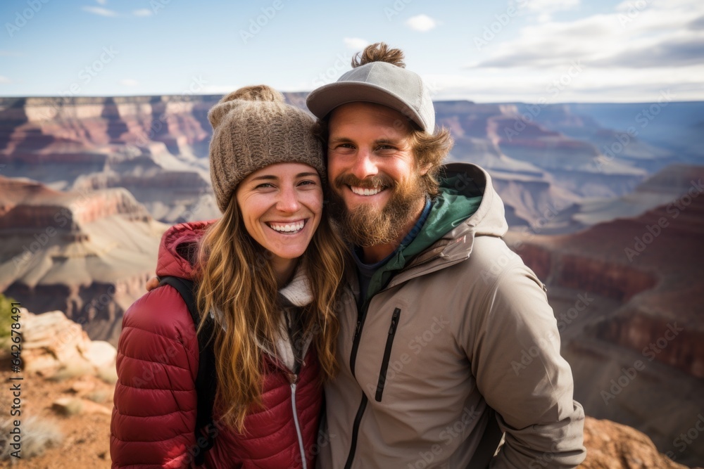 Couple in their 30s smiling at the Grand Canyon in Arizona USA