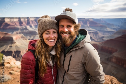 Couple in their 30s smiling at the Grand Canyon in Arizona USA © Anne Schaum