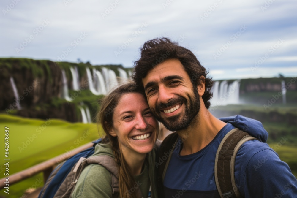 Couple in their 30s smiling at the Iguazu Falls Argentina-Brazil Border