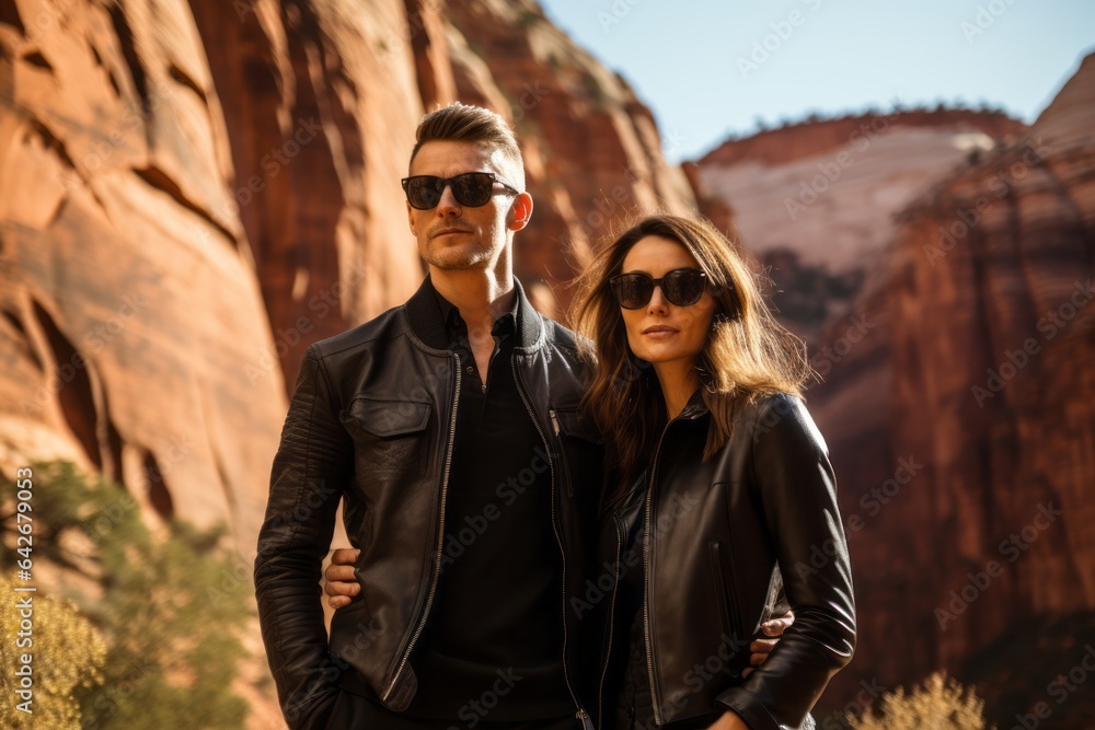 Couple in their 30s at the Zion National Park in Utah USA Couple in their 30s at the Zion National Park in Utah USA