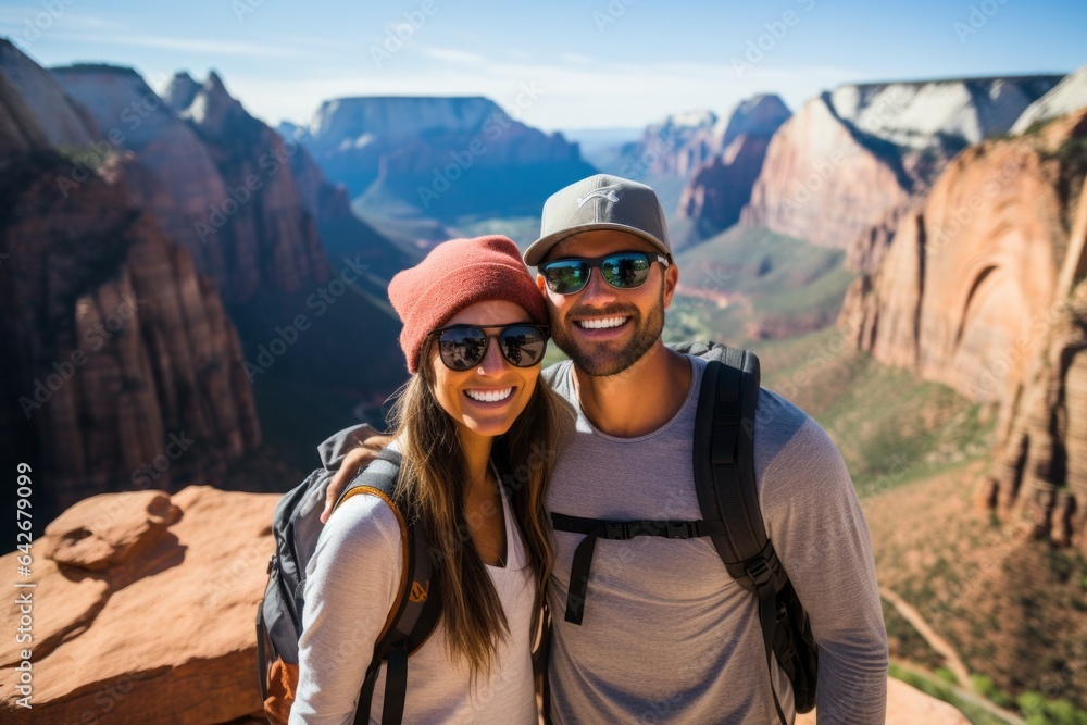 Couple in their 30s smiling at the Zion National Park in Utah USA