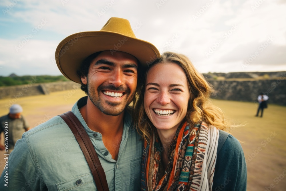 Couple in their 30s smiling at the Teotihuacan in State of Mexico Mexico
