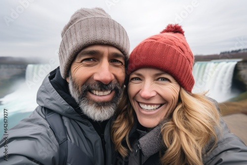 Couple in their 40s smiling at the Niagara Falls USA/Canada Border