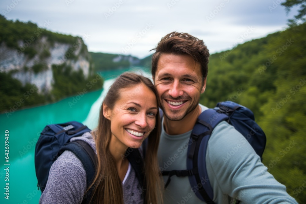 Couple in their 30s smiling at the Plitvice Lakes National Park Croatia Couple in their 30s smiling at the Plitvice Lakes National Park Croatia