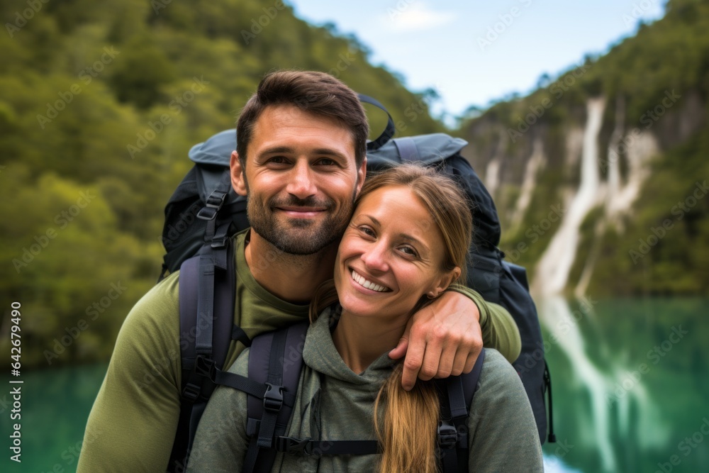 Couple in their 30s smiling at the Plitvice Lakes National Park Croatia