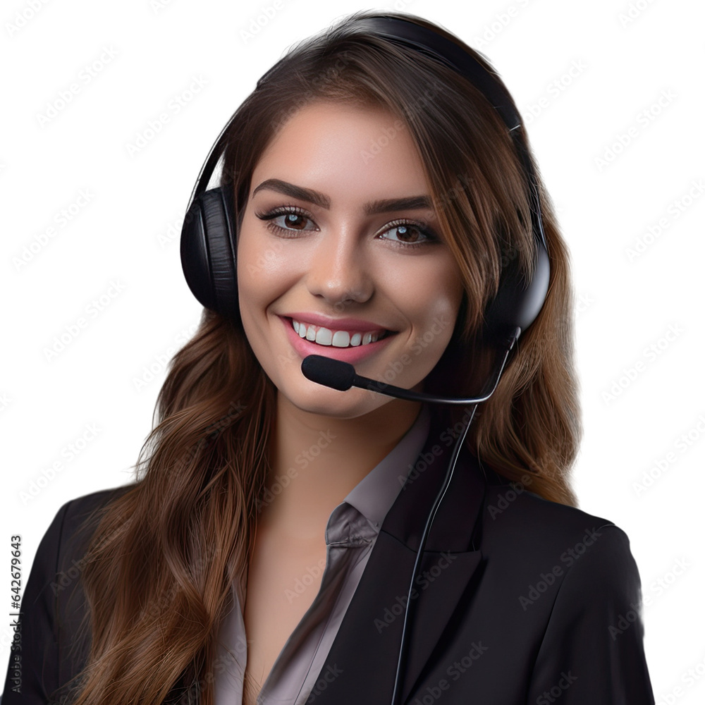 Customer service assistant working in office with VOIP Helpdesk headset smiling and isolated on transparent background Customer service assistant working in office with VOIP Helpdesk headset smiling and isolated on transparent background