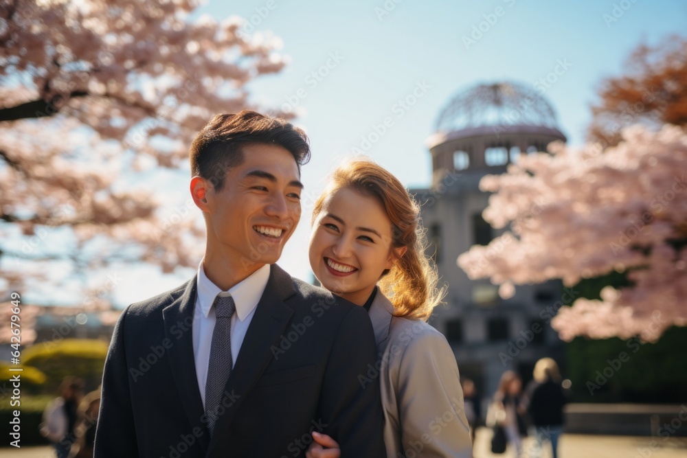 Couple in their 30s smiling at the Hiroshima Peace Memorial in Hiroshima Japan Couple in their 30s smiling at the Hiroshima Peace Memorial in Hiroshima Japan