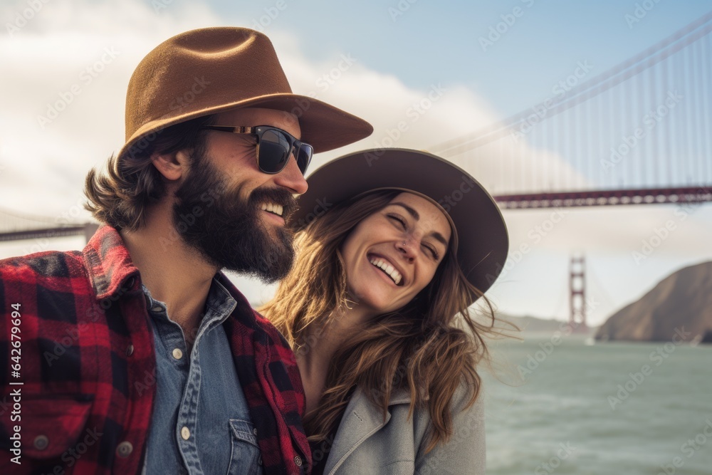 Couple in their 30s at the Golden Gate Bridge in San Francisco USA