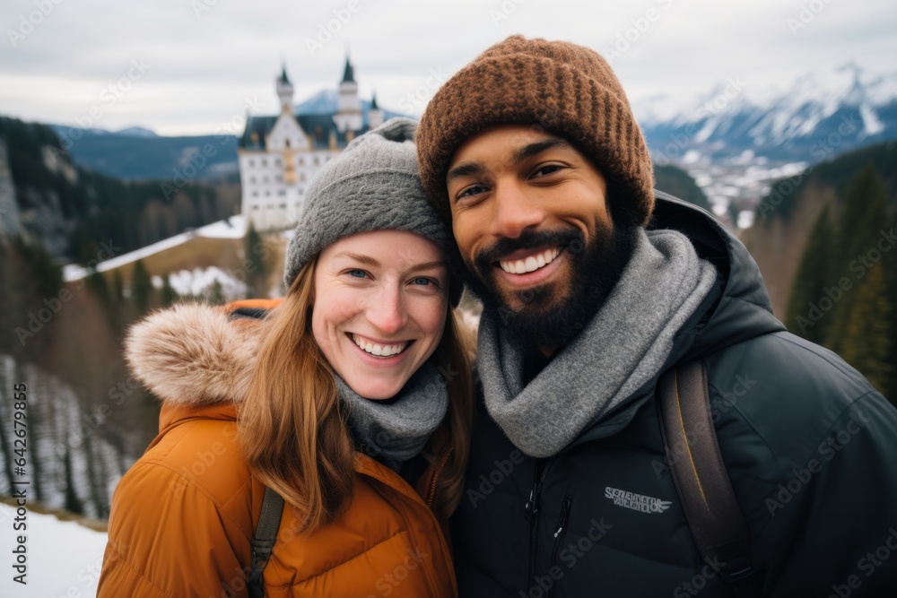 Couple in their 30s smiling at the Neuschwanstein Castle Germany