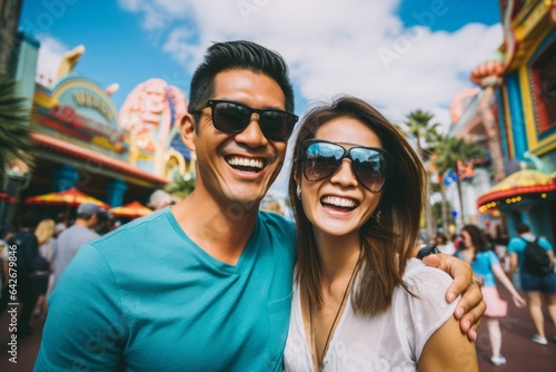 Couple in their 30s smiling at the Universal Studios in Orlando USA