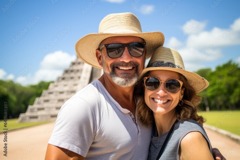 Couple in their 40s smiling at the Chichen Itza Yucatan Mexico