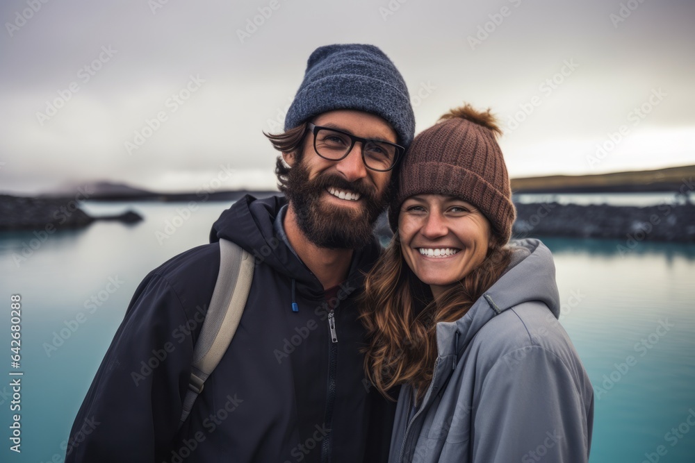 Couple in their 30s smiling at the Blue Lagoon in Reykjavik Iceland Couple in their 30s smiling at the Blue Lagoon in Reykjavik Iceland