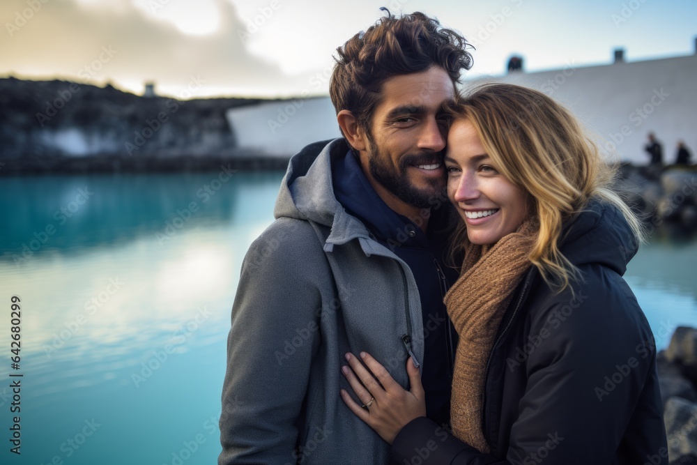 Couple in their 30s at the Blue Lagoon in Reykjavik Iceland Couple in their 30s at the Blue Lagoon in Reykjavik Iceland