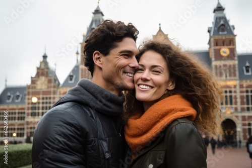 Couple in their 30s smiling at the Rijksmuseum in Amsterdam Netherlands