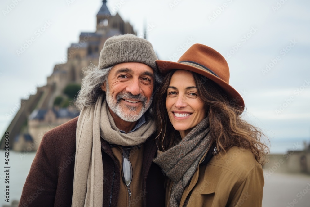 Couple in their 40s smiling at the Mont Saint-Michel in Normandy France Couple in their 40s smiling at the Mont Saint-Michel in Normandy France