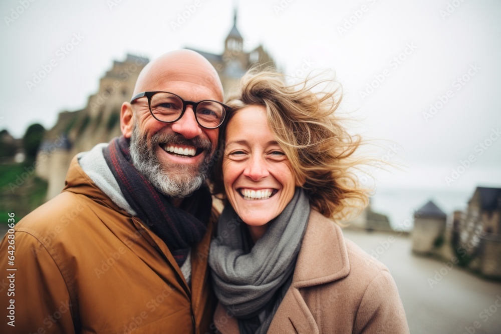 Couple in their 40s smiling at the Mont Saint-Michel in Normandy France Couple in their 40s smiling at the Mont Saint-Michel in Normandy France