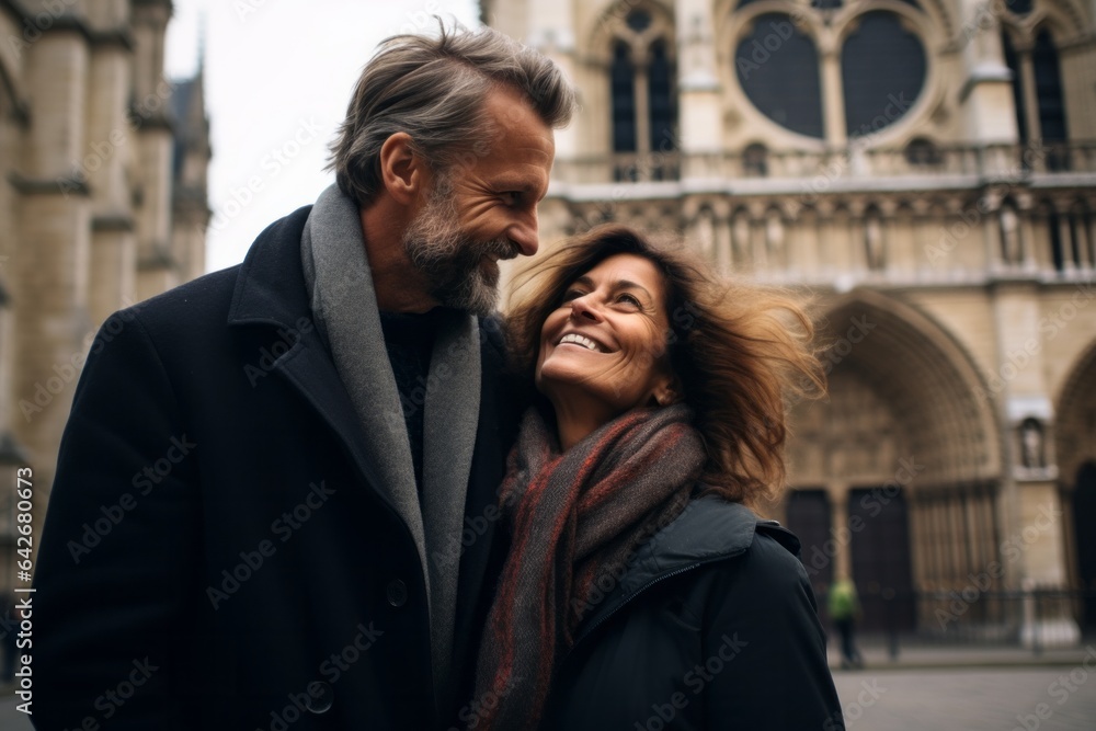 Couple in their 40s at the Notre-Dame Cathedral in Paris France