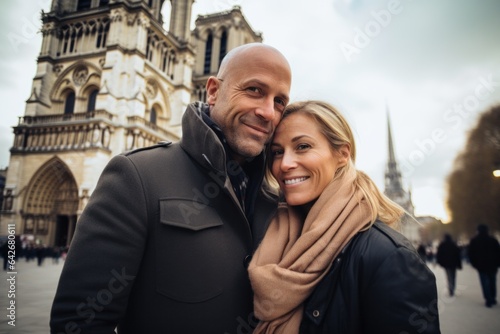 Couple in their 40s at the Notre-Dame Cathedral in Paris France