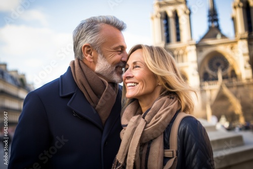 Couple in their 40s smiling at the Notre-Dame Cathedral in Paris France