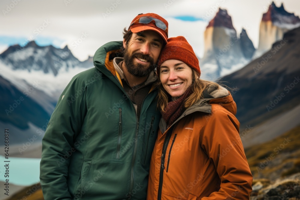 Couple in their 40s at the Torres del Paine National Park in Patagonia Chile Couple in their 40s at the Torres del Paine National Park in Patagonia Chile