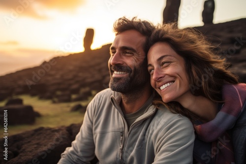 Couple in their 30s smiling at the Moai Statues on Easter Island Chile