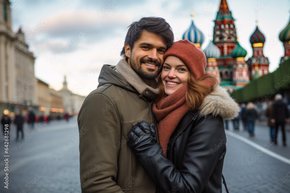 Couple in their 30s smiling at the Red Square in Moscow Russia