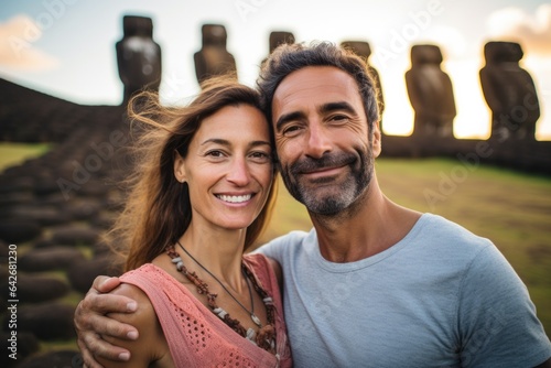Couple in their 40s smiling at the Moai Statues on Easter Island Chile