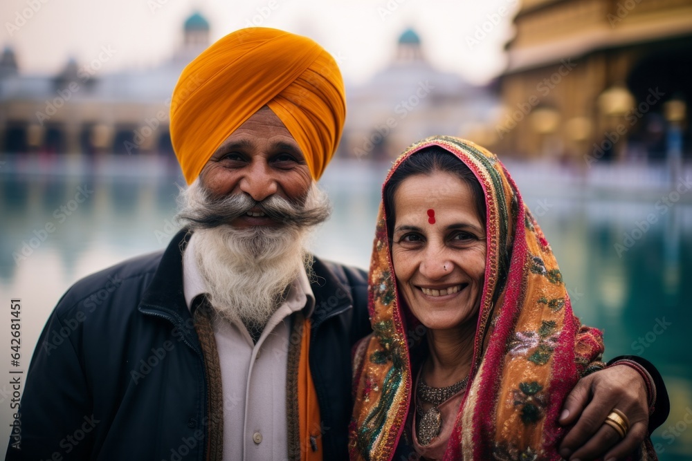 Couple in their 40s at the Golden Temple in Amritsar India Couple in their 40s at the Golden Temple in Amritsar India
