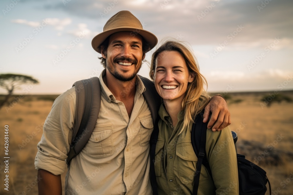 Couple in their 30s smiling at the Serengeti National Park in Tanzania - obrazy, fototapety, plakaty 