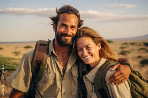 Couple in their 30s smiling at the Serengeti National Park in Tanzania