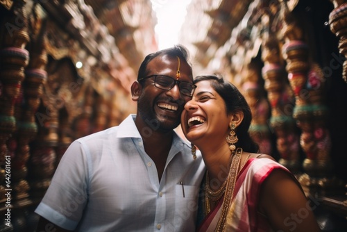 Couple in their 30s smiling at the Meenakshi Amman Temple in Madurai India photo