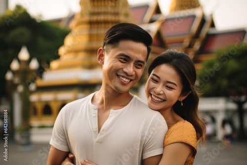 Couple in their 30s smiling at the Wat Phra Kaew in Bangkok Thailand