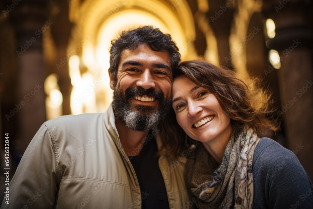 Couple in their 40s smiling at the Mezquita-Catedral de Córdoba in Córdoba Spain Couple in their 40s smiling at the Mezquita-Catedral de Córdoba in Córdoba Spain