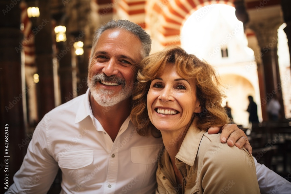 Couple in their 40s smiling at the Mezquita-Catedral de Córdoba in Córdoba Spain Couple in their 40s smiling at the Mezquita-Catedral de Córdoba in Córdoba Spain