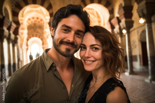 Couple in their 30s smiling at the Mezquita-Catedral de Córdoba in Córdoba Spain