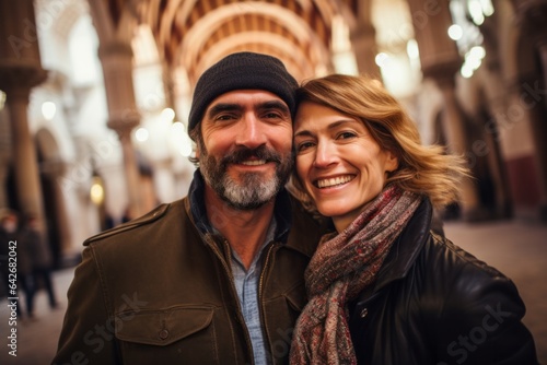 Couple in their 40s smiling at the Mezquita-Catedral de Córdoba in Córdoba Spain © Hanne Bauer