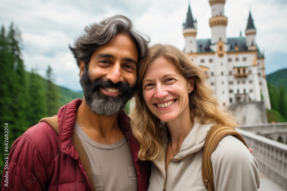 Couple in their 40s smiling at the Neuschwanstein Castle in Bavaria Germany