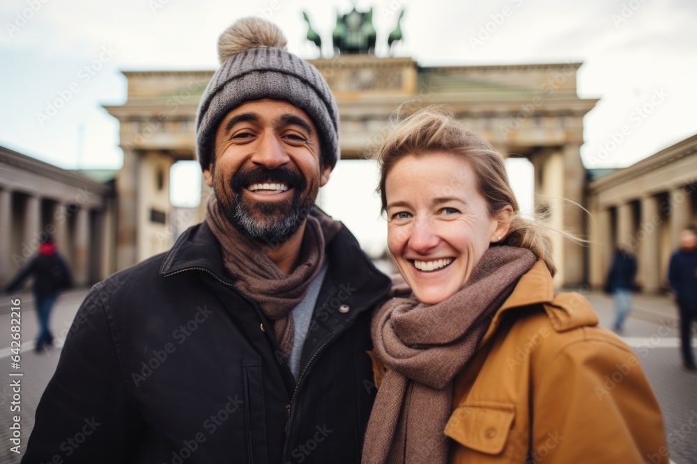 Couple in their 40s smiling at the Brandenburg Gate in Berlin Germany