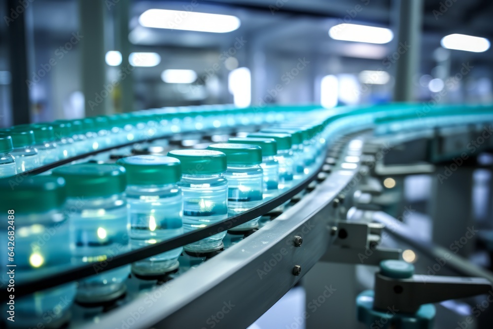 Conveyor for the production of medicines in a research laboratory. Background with selective focus Conveyor for the production of medicines in a research laboratory. Background with selective focus