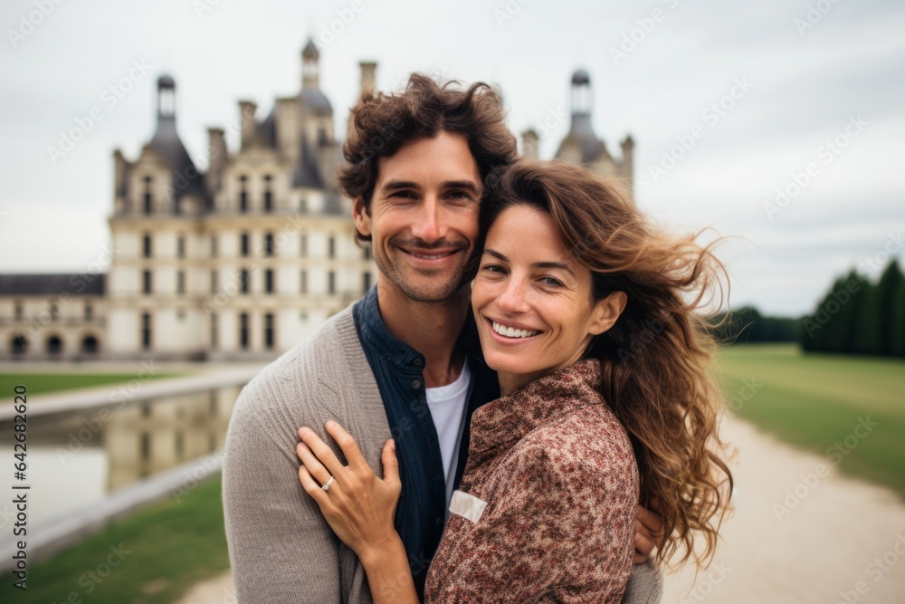 Couple in their 40s smiling at the Château de Chambord in Chambord France
