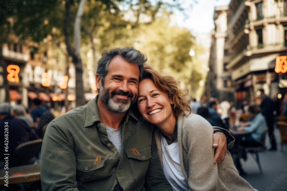 Couple in their 40s smiling at the Las Ramblas in Barcelona Spain Couple in their 40s smiling at the Las Ramblas in Barcelona Spain