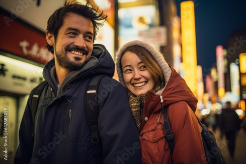 Couple in their 30s smiling at the Akihabara in Tokyo Japan