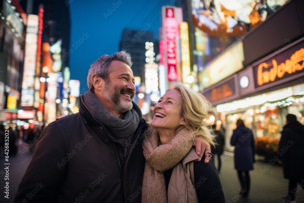 Couple in their 40s smiling at the Akihabara in Tokyo Japan Couple in their 40s smiling at the Akihabara in Tokyo Japan