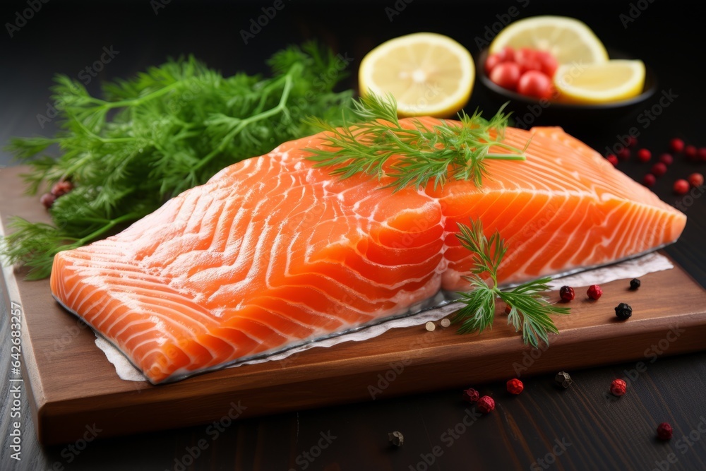 Appetizing salmon on a dark background with selective focus Appetizing salmon on a dark background with selective focus